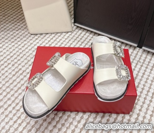 Grade Quality Roger Vivier Slidy Viv' Strass Buckle Flat Slides Sandal in Leather White 0225048 2026