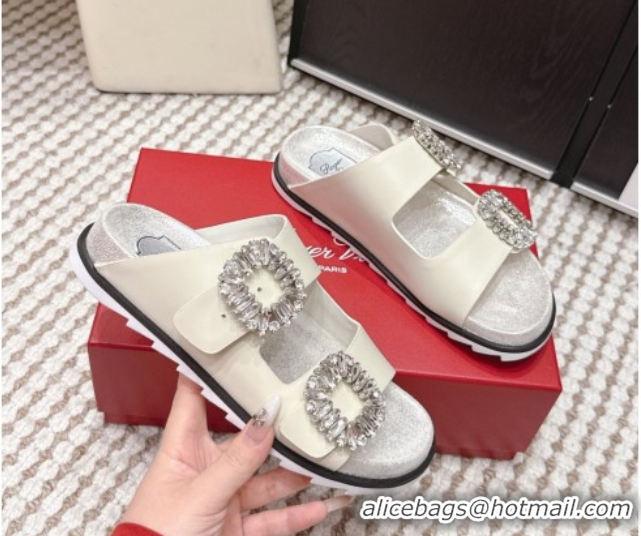 Grade Quality Roger Vivier Slidy Viv' Strass Buckle Flat Slides Sandal in Leather White 0225048 2026
