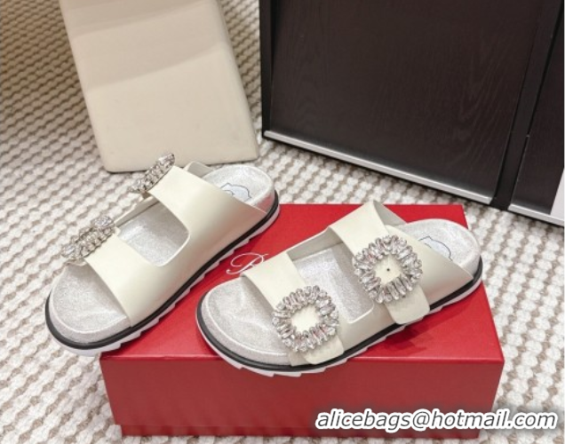 Grade Quality Roger Vivier Slidy Viv' Strass Buckle Flat Slides Sandal in Leather White 0225048 2026