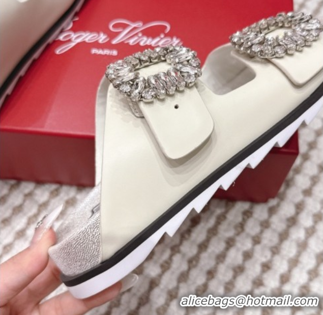 Grade Quality Roger Vivier Slidy Viv' Strass Buckle Flat Slides Sandal in Leather White 0225048 2026