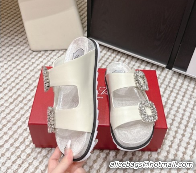 Grade Quality Roger Vivier Slidy Viv' Strass Buckle Flat Slides Sandal in Leather White 0225048 2026
