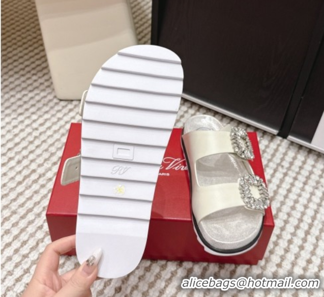 Grade Quality Roger Vivier Slidy Viv' Strass Buckle Flat Slides Sandal in Leather White 0225048 2026