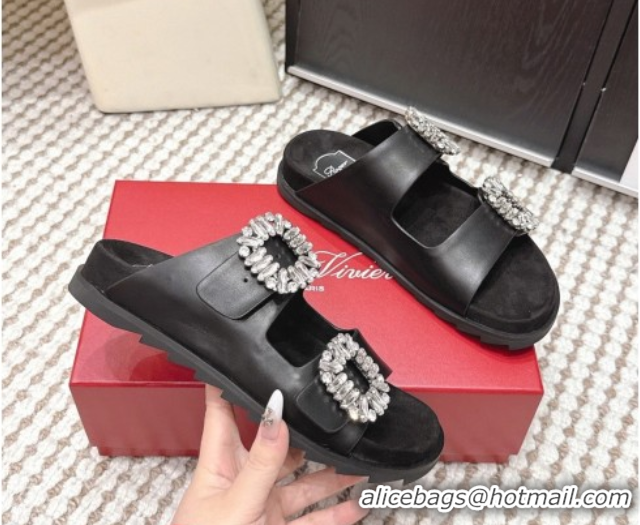 Top Design Roger Vivier Slidy Viv' Strass Buckle Flat Slides Sandal in Leather Black 0225051 2026