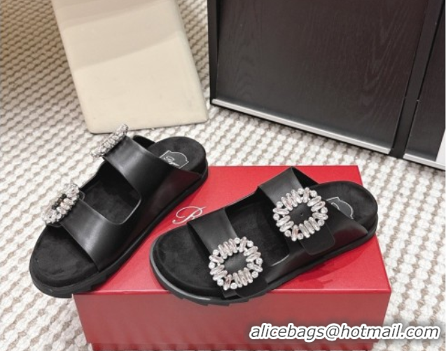 Top Design Roger Vivier Slidy Viv' Strass Buckle Flat Slides Sandal in Leather Black 0225051 2026
