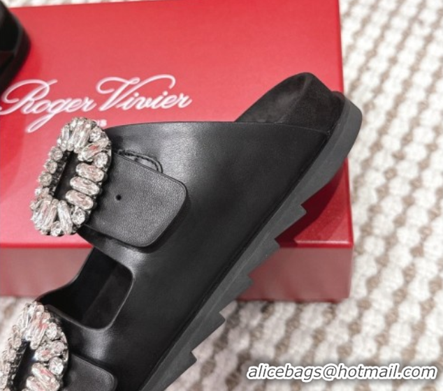 Top Design Roger Vivier Slidy Viv' Strass Buckle Flat Slides Sandal in Leather Black 0225051 2026