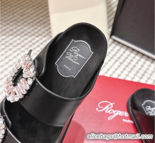Top Design Roger Vivier Slidy Viv' Strass Buckle Flat Slides Sandal in Leather Black 0225051 2026