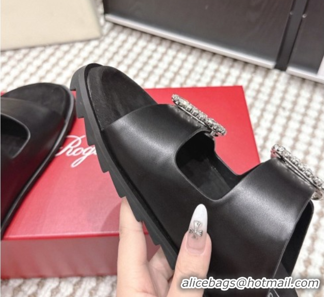 Top Design Roger Vivier Slidy Viv' Strass Buckle Flat Slides Sandal in Leather Black 0225051 2026