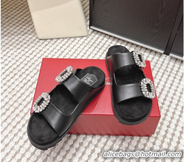 Top Design Roger Vivier Slidy Viv' Strass Buckle Flat Slides Sandal in Leather Black 0225051 2026