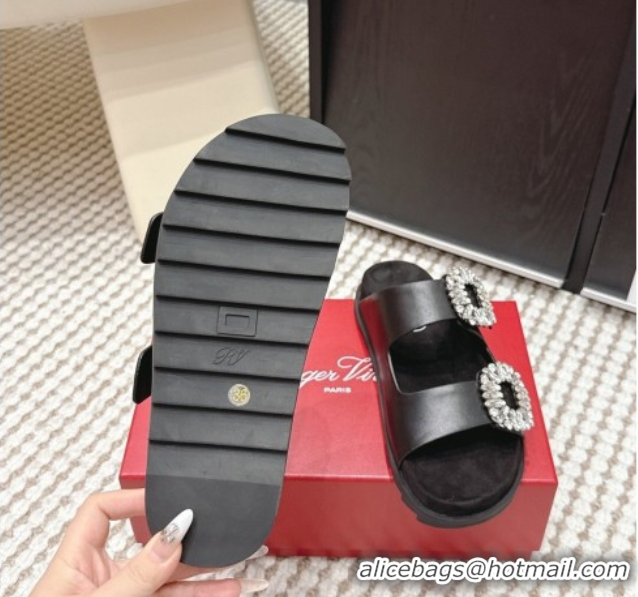 Top Design Roger Vivier Slidy Viv' Strass Buckle Flat Slides Sandal in Leather Black 0225051 2026