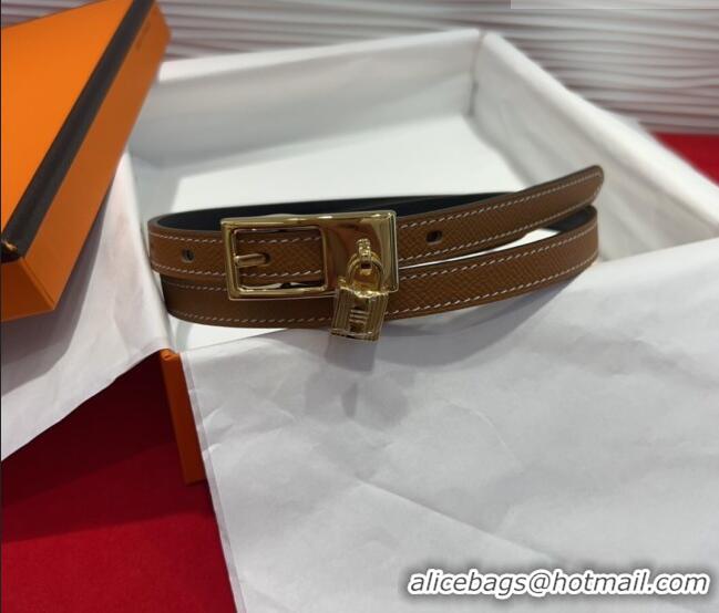 Best Quality Hermes Lucky Lock Reversible Belt 1.7cm in Calfskin Leather HS091201 Brown/Gold 2025