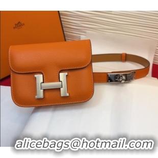 Top Quality Hermes Kelly Buckle Slim Pouch Belt in Grained Calfskin with Silver Hardware 0104 Orange 2026