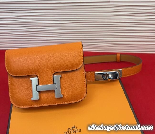 Top Quality Hermes Kelly Buckle Slim Pouch Belt in Grained Calfskin with Silver Hardware 0104 Orange 2026