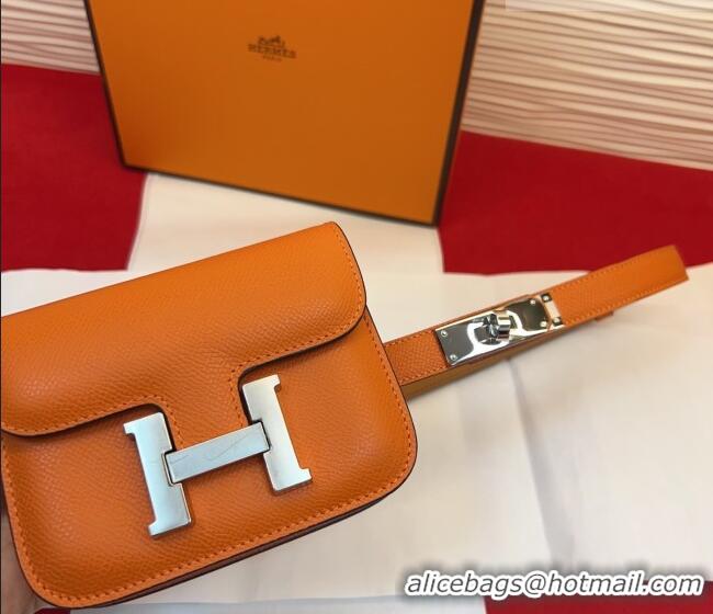 Top Quality Hermes Kelly Buckle Slim Pouch Belt in Grained Calfskin with Silver Hardware 0104 Orange 2026