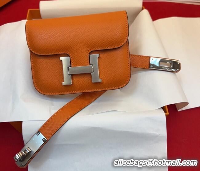 Top Quality Hermes Kelly Buckle Slim Pouch Belt in Grained Calfskin with Silver Hardware 0104 Orange 2026