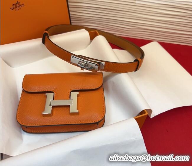 Top Quality Hermes Kelly Buckle Slim Pouch Belt in Grained Calfskin with Silver Hardware 0104 Orange 2026