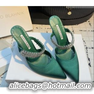 Classic Hot Manolo Blahnik Lutara 90 Satin Mules Strass Embellished Green 5112501
