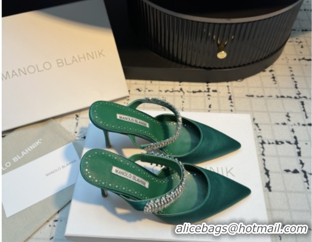 Classic Hot Manolo Blahnik Lutara 90 Satin Mules Strass Embellished Green 5112501