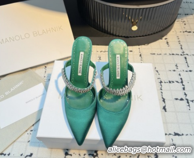 Classic Hot Manolo Blahnik Lutara 90 Satin Mules Strass Embellished Green 5112501