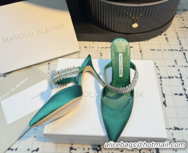 Classic Hot Manolo Blahnik Lutara 90 Satin Mules Strass Embellished Green 5112501