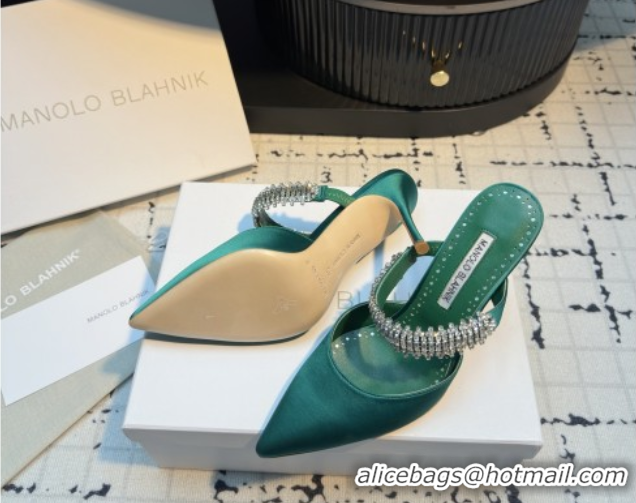Classic Hot Manolo Blahnik Lutara 90 Satin Mules Strass Embellished Green 5112501