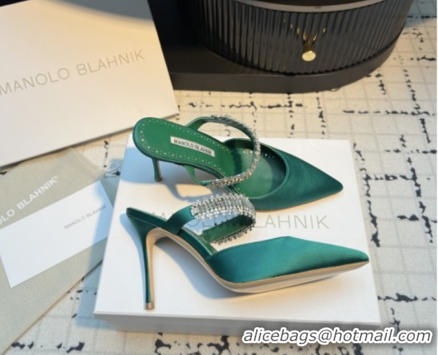 Classic Hot Manolo Blahnik Lutara 90 Satin Mules Strass Embellished Green 5112501