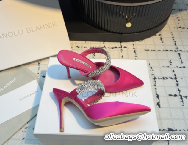 Stylish Manolo Blahnik Lutara 90 Satin Mules Strass Embellished Rosy 112502