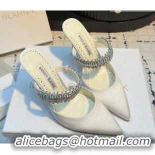 Hot Style Manolo Blahnik Lutara 90 Satin Mules Strass Embellished White 112502