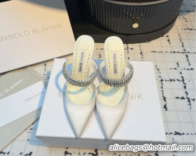 Hot Style Manolo Blahnik Lutara 90 Satin Mules Strass Embellished White 112502