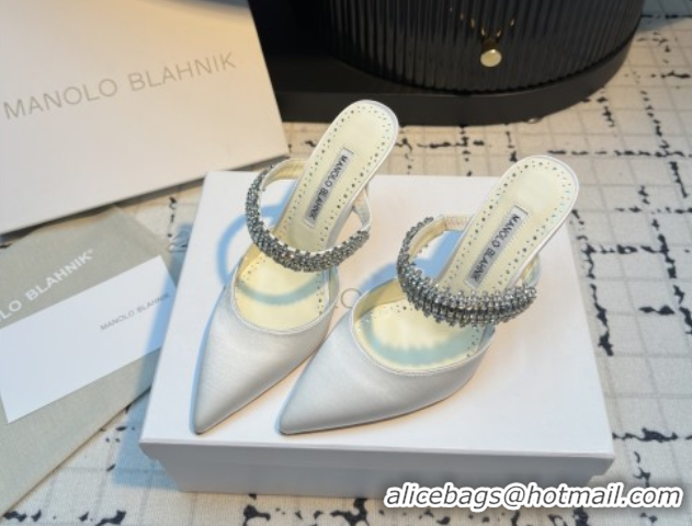 Hot Style Manolo Blahnik Lutara 90 Satin Mules Strass Embellished White 112502