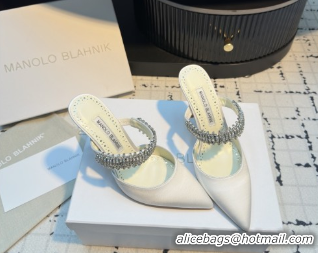 Hot Style Manolo Blahnik Lutara 90 Satin Mules Strass Embellished White 112502