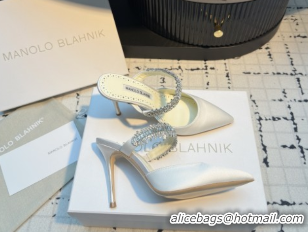 Hot Style Manolo Blahnik Lutara 90 Satin Mules Strass Embellished White 112502