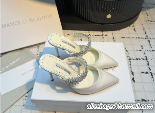 Hot Style Manolo Blahnik Lutara 90 Satin Mules Strass Embellished White 112502