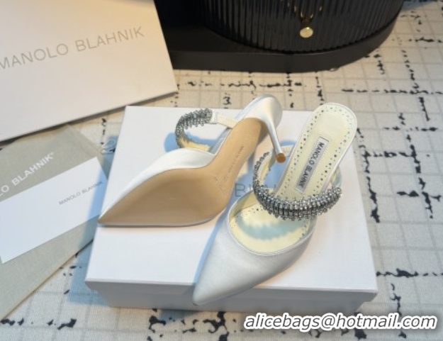 Hot Style Manolo Blahnik Lutara 90 Satin Mules Strass Embellished White 112502