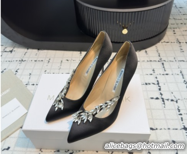 Buy Luxury Manolo Blahnik Satin Pumps with Wheat Ear Rhinestone 9cm Heel 5112507 Black 2026