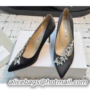 Luxurious Manolo Blahnik Satin Pumps with Wheat Ear Rhinestone 9cm Heel 5112507 Grey 2026
