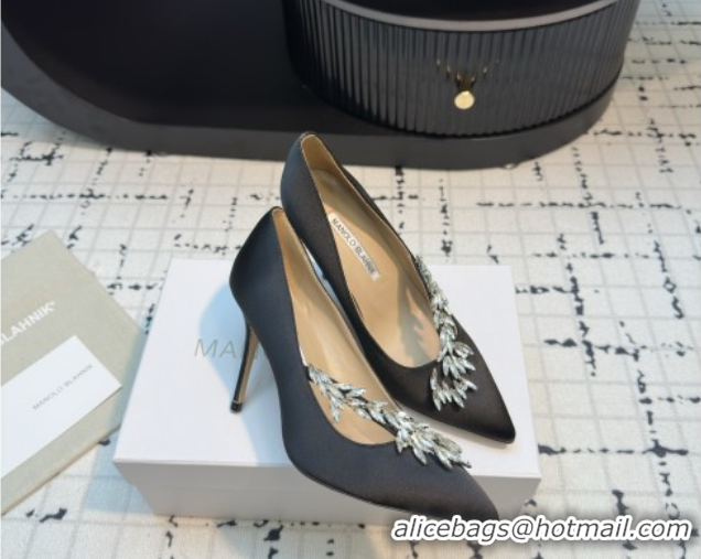 Luxurious Manolo Blahnik Satin Pumps with Wheat Ear Rhinestone 9cm Heel 5112507 Grey 2026