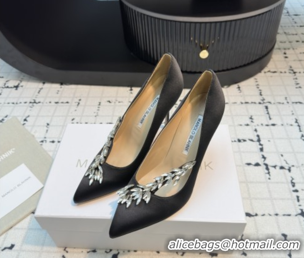 Luxurious Manolo Blahnik Satin Pumps with Wheat Ear Rhinestone 9cm Heel 5112507 Grey 2026