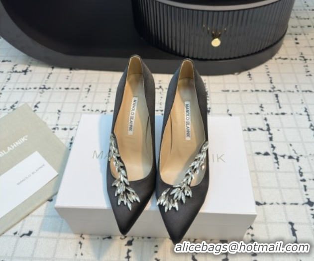 Luxurious Manolo Blahnik Satin Pumps with Wheat Ear Rhinestone 9cm Heel 5112507 Grey 2026