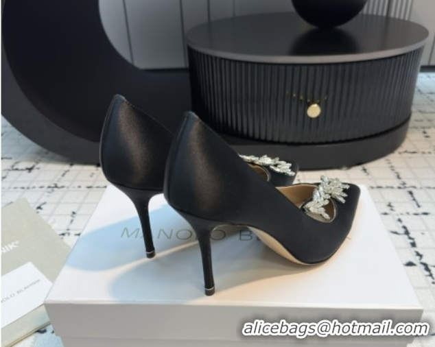 Luxurious Manolo Blahnik Satin Pumps with Wheat Ear Rhinestone 9cm Heel 5112507 Grey 2026