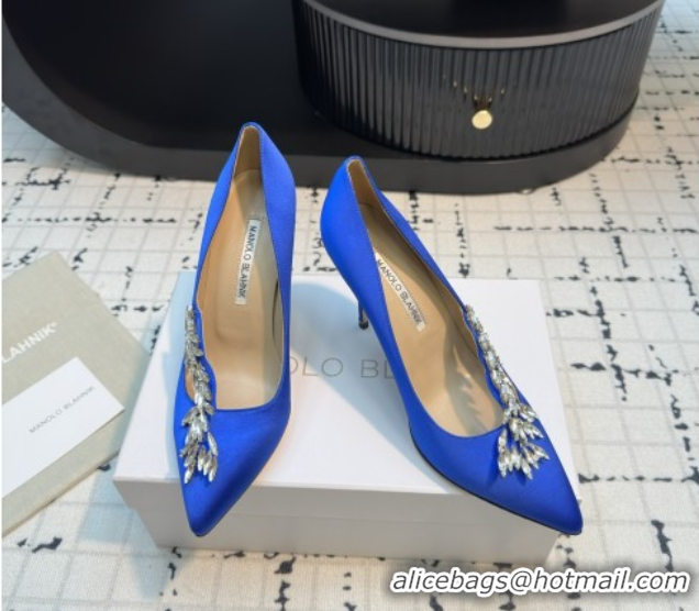 Grade Quality Manolo Blahnik Satin Pumps with Wheat Ear Rhinestone 9cm Heel 5112507 Blue 2026