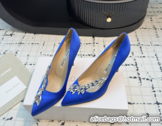 Grade Quality Manolo Blahnik Satin Pumps with Wheat Ear Rhinestone 9cm Heel 5112507 Blue 2026
