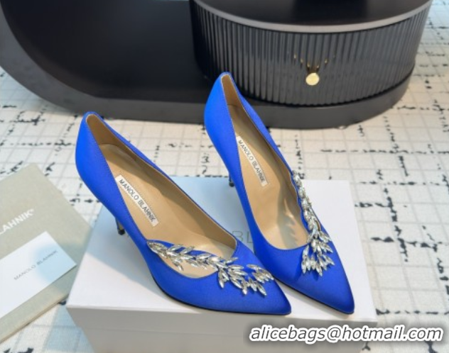 Grade Quality Manolo Blahnik Satin Pumps with Wheat Ear Rhinestone 9cm Heel 5112507 Blue 2026