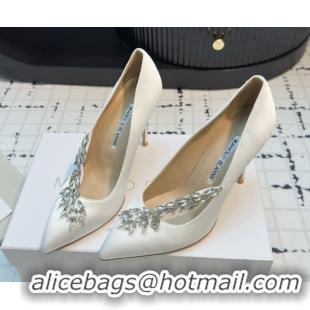Luxury Manolo Blahnik Satin Pumps with Wheat Ear Rhinestone 9cm Heel White 5112511 2026
