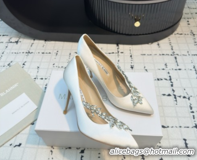 Luxury Manolo Blahnik Satin Pumps with Wheat Ear Rhinestone 9cm Heel White 5112511 2026