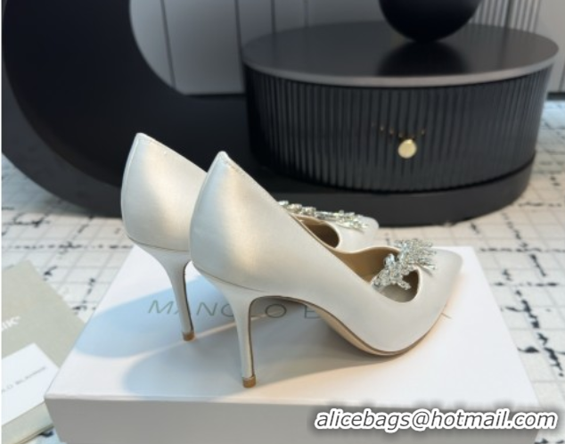Luxury Manolo Blahnik Satin Pumps with Wheat Ear Rhinestone 9cm Heel White 5112511 2026