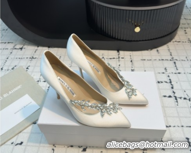 Luxury Manolo Blahnik Satin Pumps with Wheat Ear Rhinestone 9cm Heel White 5112511 2026