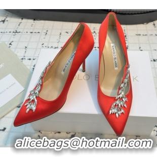 Stylish Manolo Blahnik Satin Pumps with Wheat Ear Rhinestone 9cm Heel 5112511 Red 2026