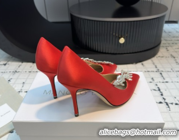 Stylish Manolo Blahnik Satin Pumps with Wheat Ear Rhinestone 9cm Heel 5112511 Red 2026