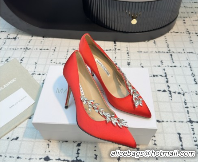 Stylish Manolo Blahnik Satin Pumps with Wheat Ear Rhinestone 9cm Heel 5112511 Red 2026