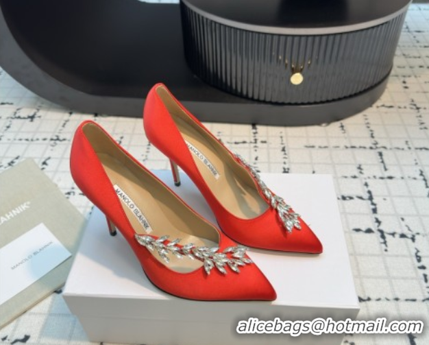 Stylish Manolo Blahnik Satin Pumps with Wheat Ear Rhinestone 9cm Heel 5112511 Red 2026